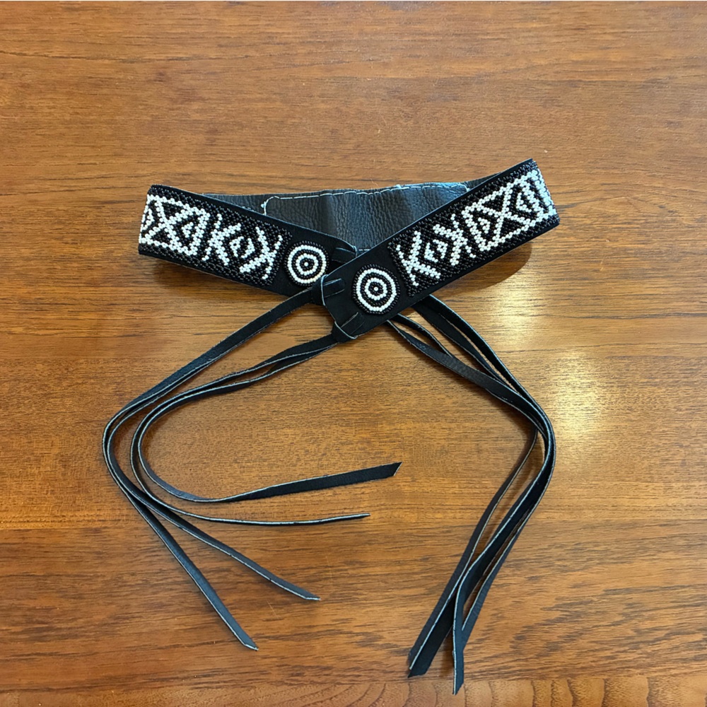 Black and White Beaded Belt with Fringe